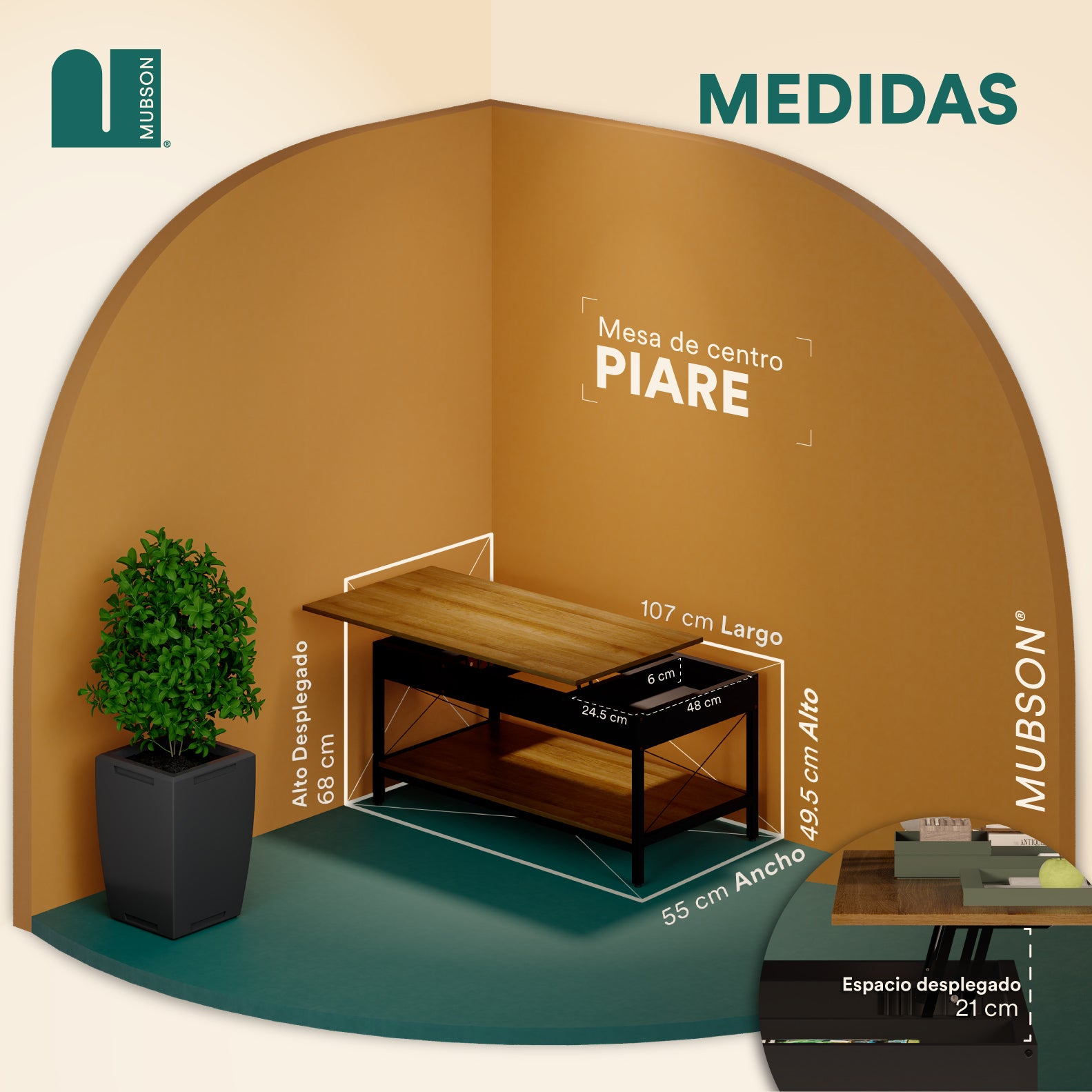 Mesa de Centro con Compartimento. Mesa de Centro para Sala con Doble Repisa Piare