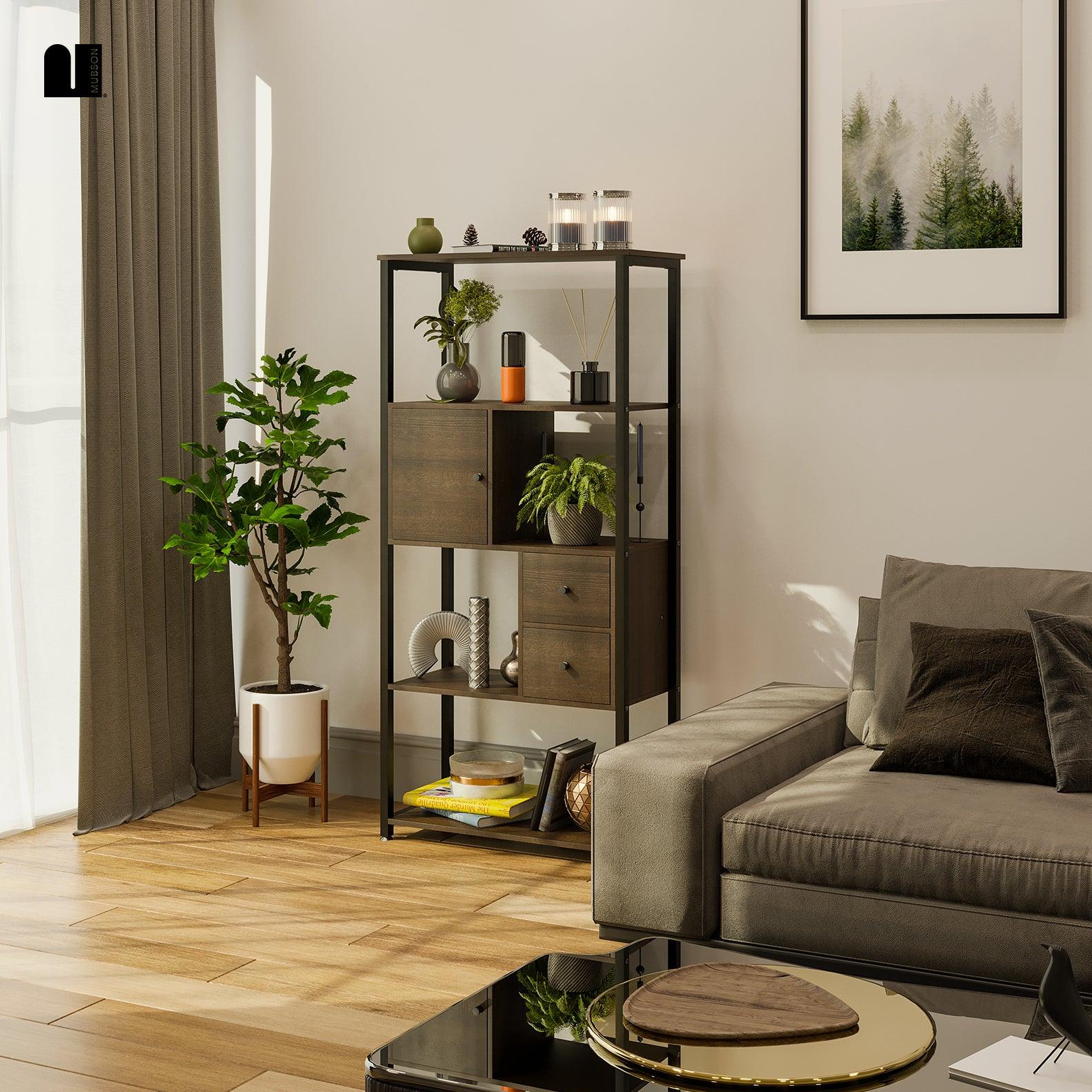 Librero Organizador con Puerta y Cajones 4 Repisas. Estante Greto