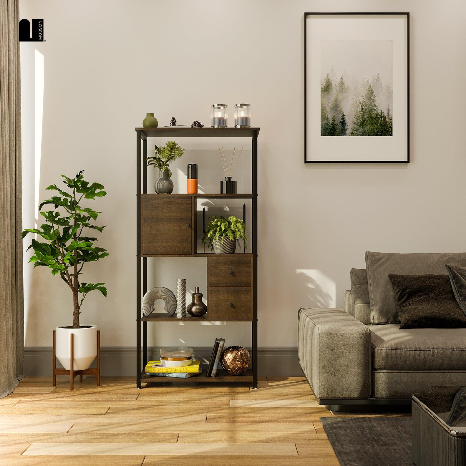 Librero Organizador con Puerta y Cajones 4 Repisas. Estante Greto