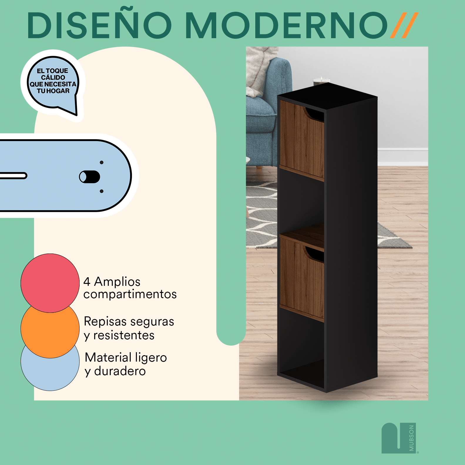 Librero Pequeño Minimalista. Librero con Puertas de 4 Repisas Odesa