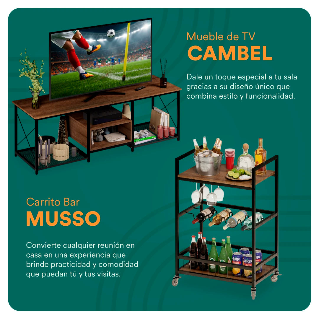 Centro de Entretenimiento - Mesa para TV Cambel + Carrito de Bar Musso