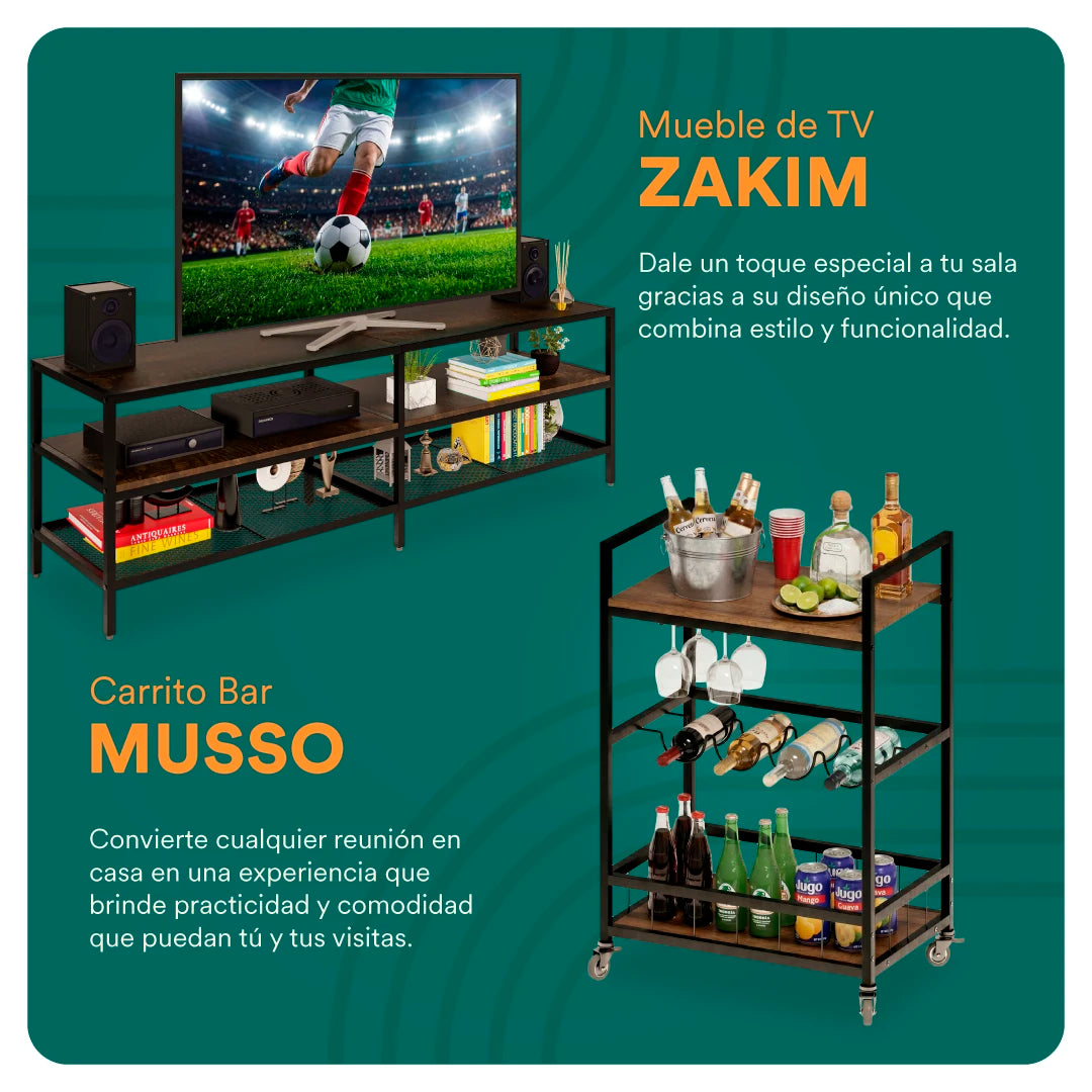 Centro de Entretenimiento - Mesa para TV Zakim + Carrito de Bar Musso