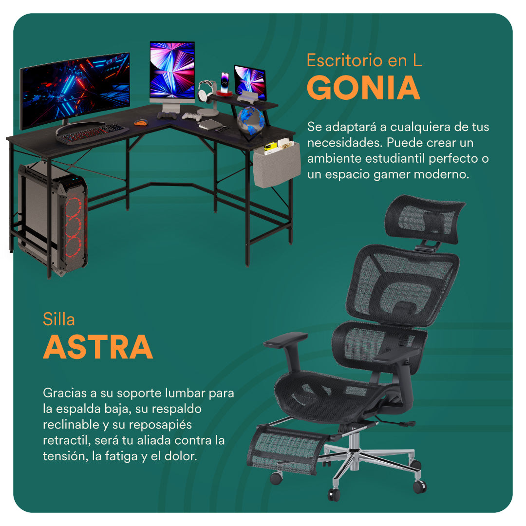 Escritorio en L + Silla Ergonomica Astra (Set Up Completo)