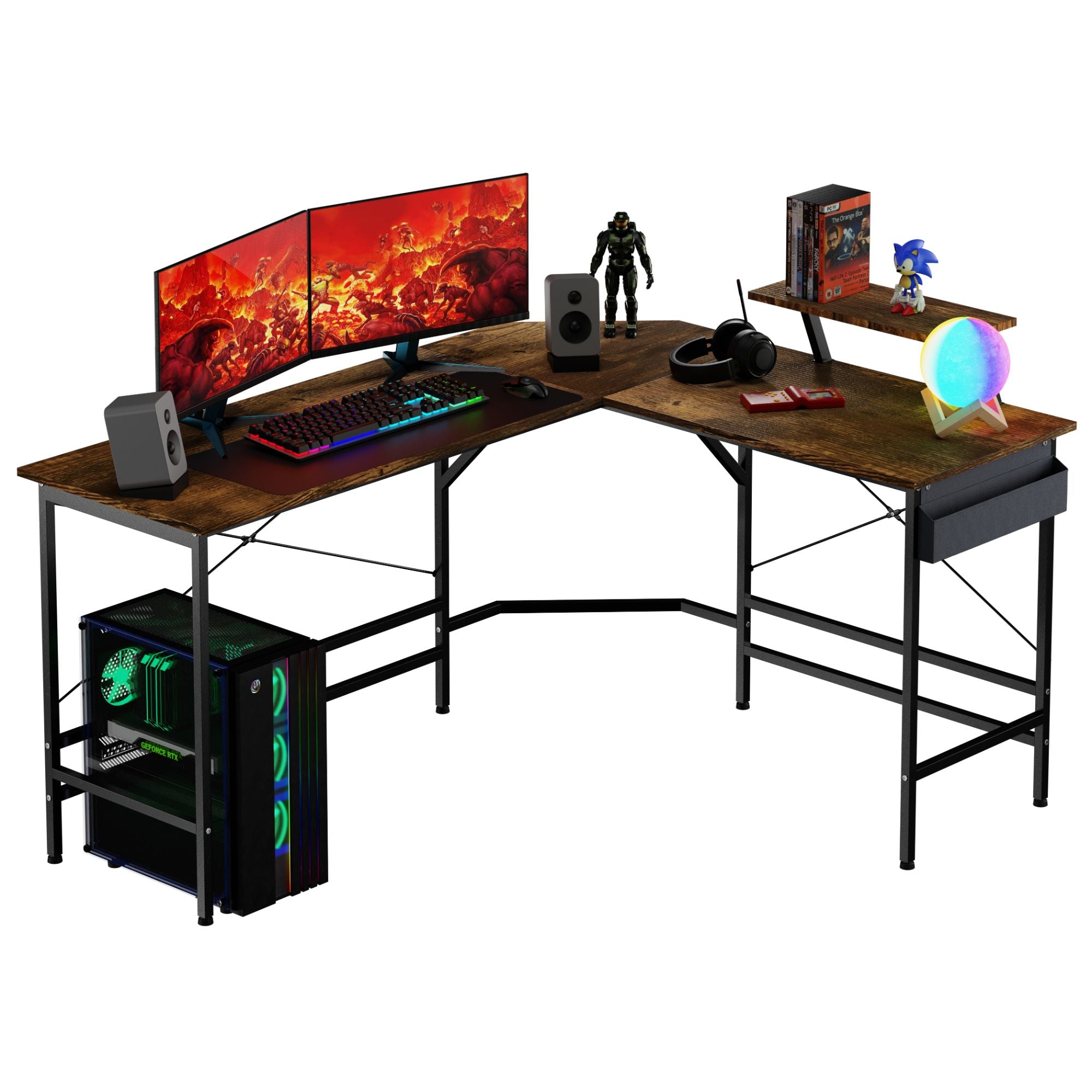 Escritorio gaming en forma de L, para la casa o la oficina, escritorio de  computadora con esquina redonda y con soporte grande para el monitor