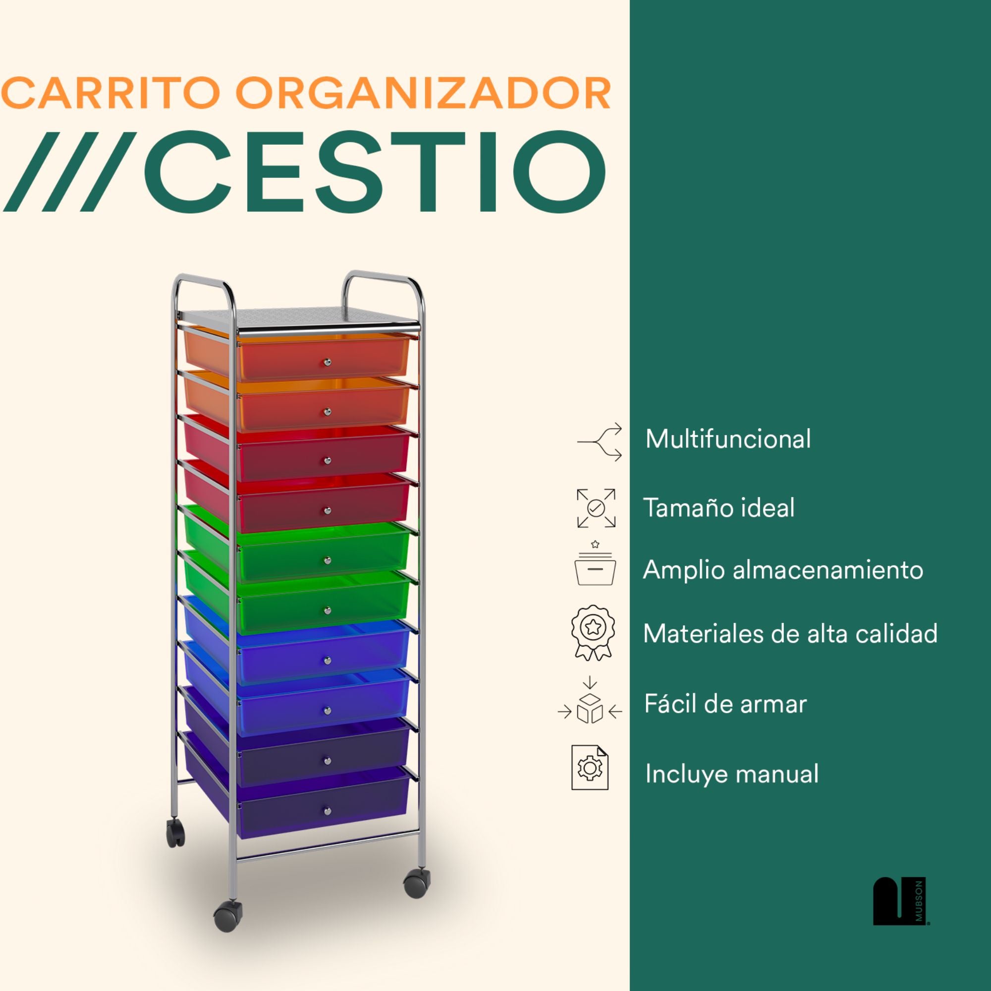 Mubson Carrito Organizador con 10 Cajones. Cajonera Cestio