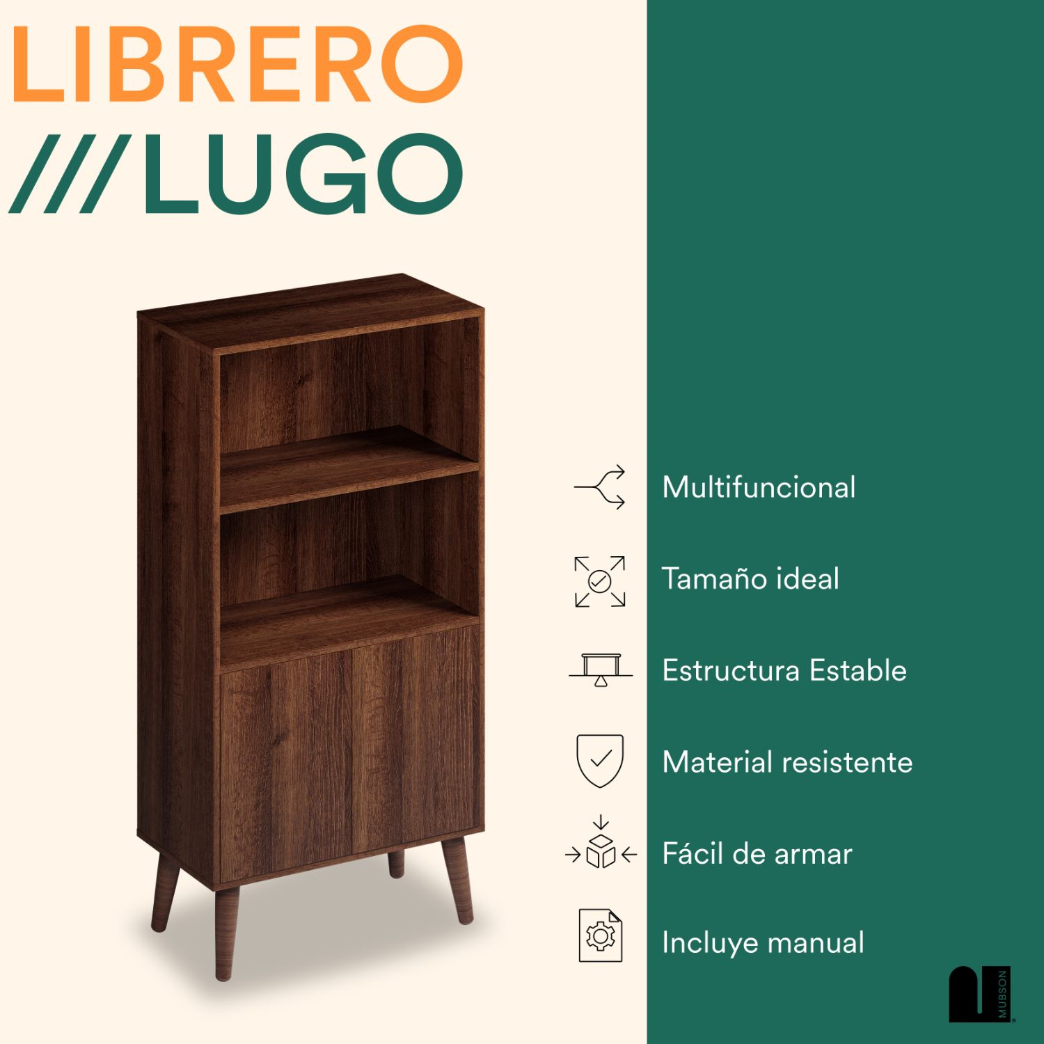 Mubson Librero con 3 Repisas y Puertas. Estante Lugo