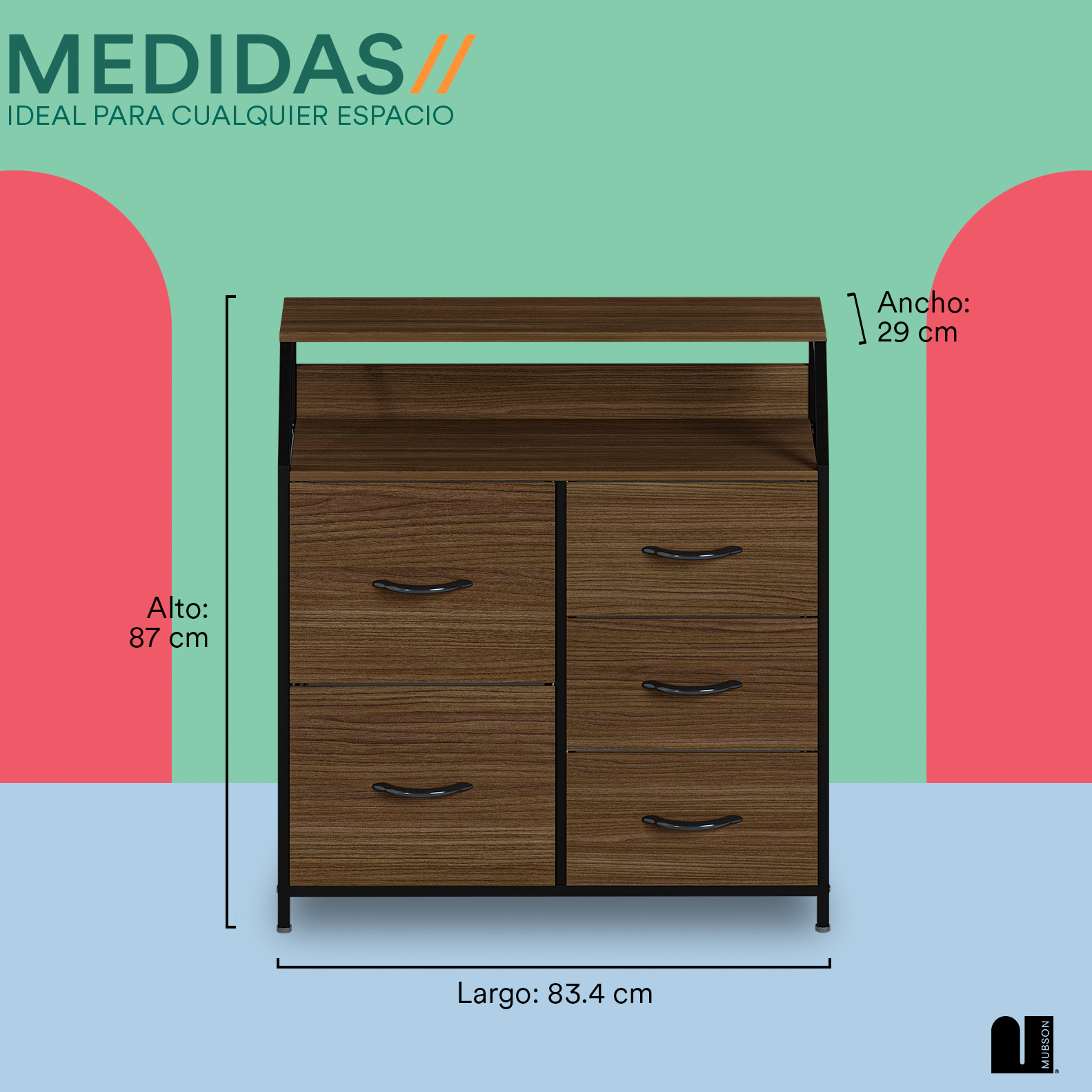 Mubson Comoda con 5 Cajones y doble Repisa. Cajonera Osan