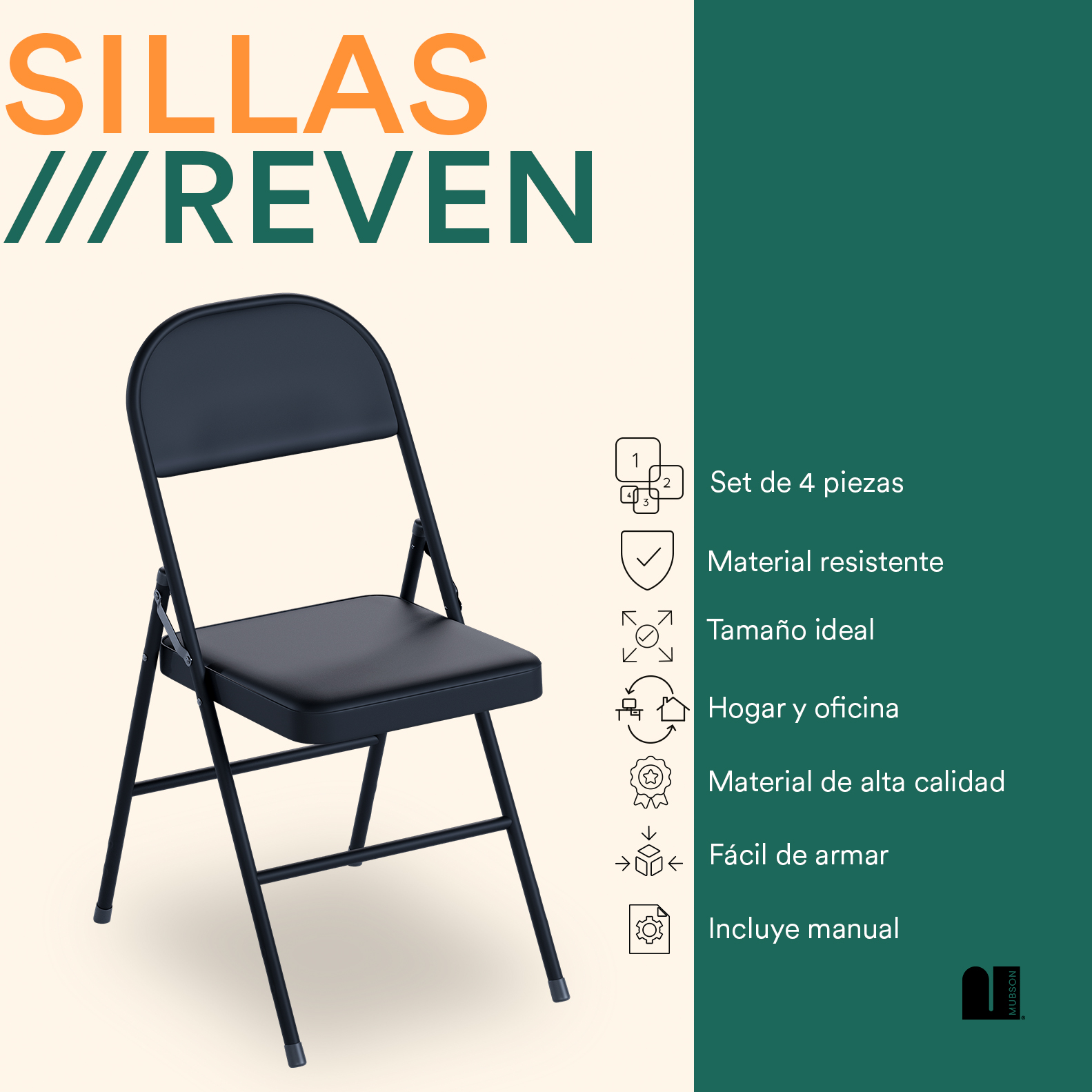 Mubson Set de 4 Sillas Plegable de Metal Multiusos Reven