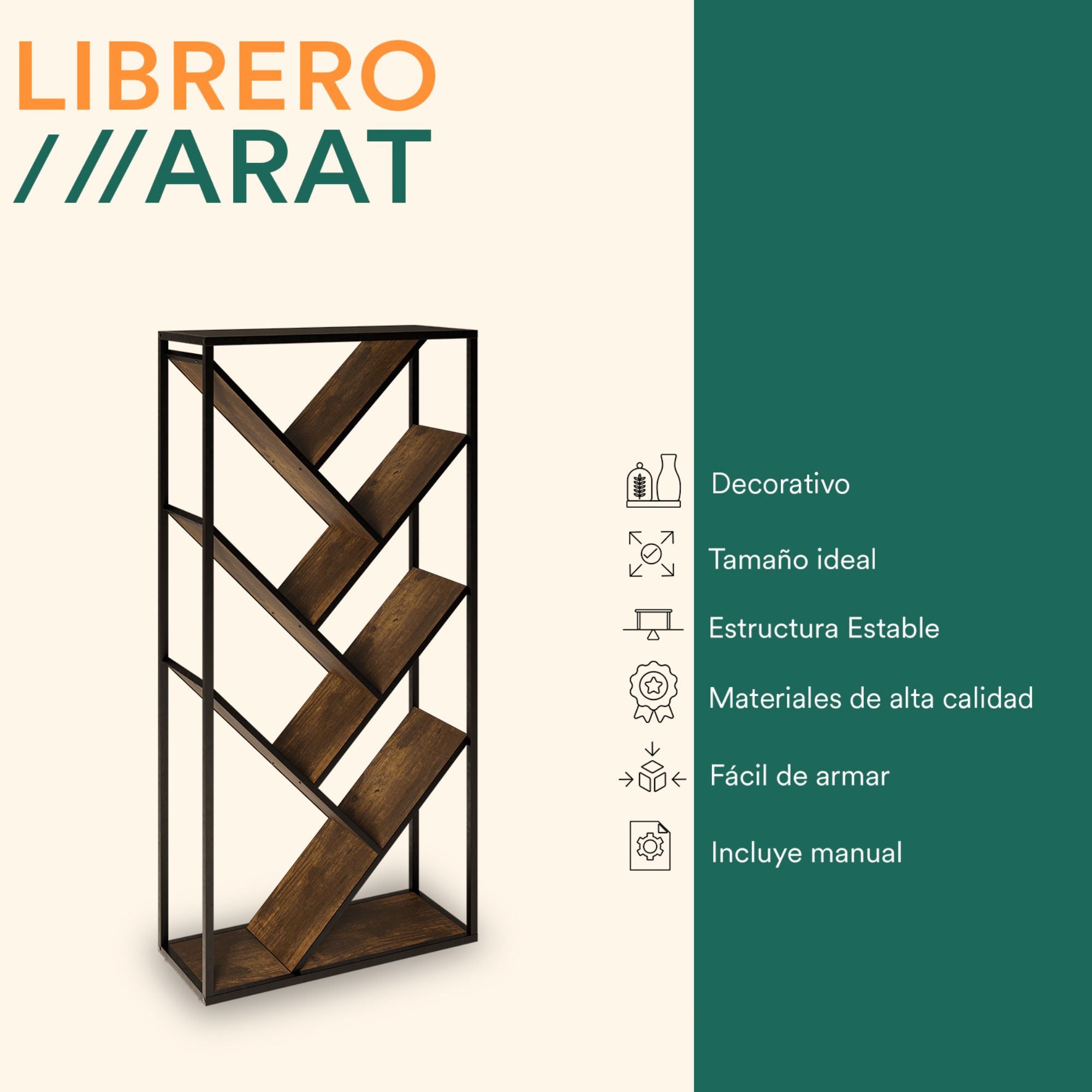 Librero con 7 Repisas en Diagonal para Sala o Recamara Arat
