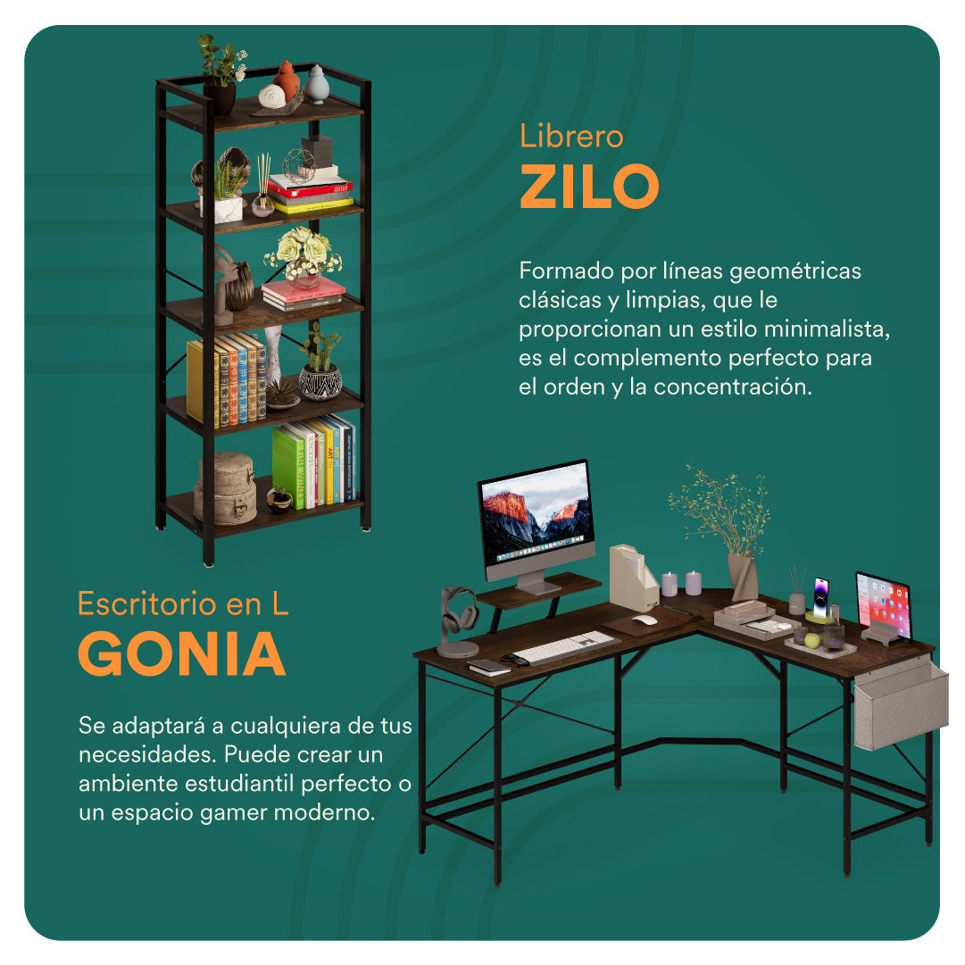 Escritorio en L + Librero Zilo (Set Up para Estudiantes)