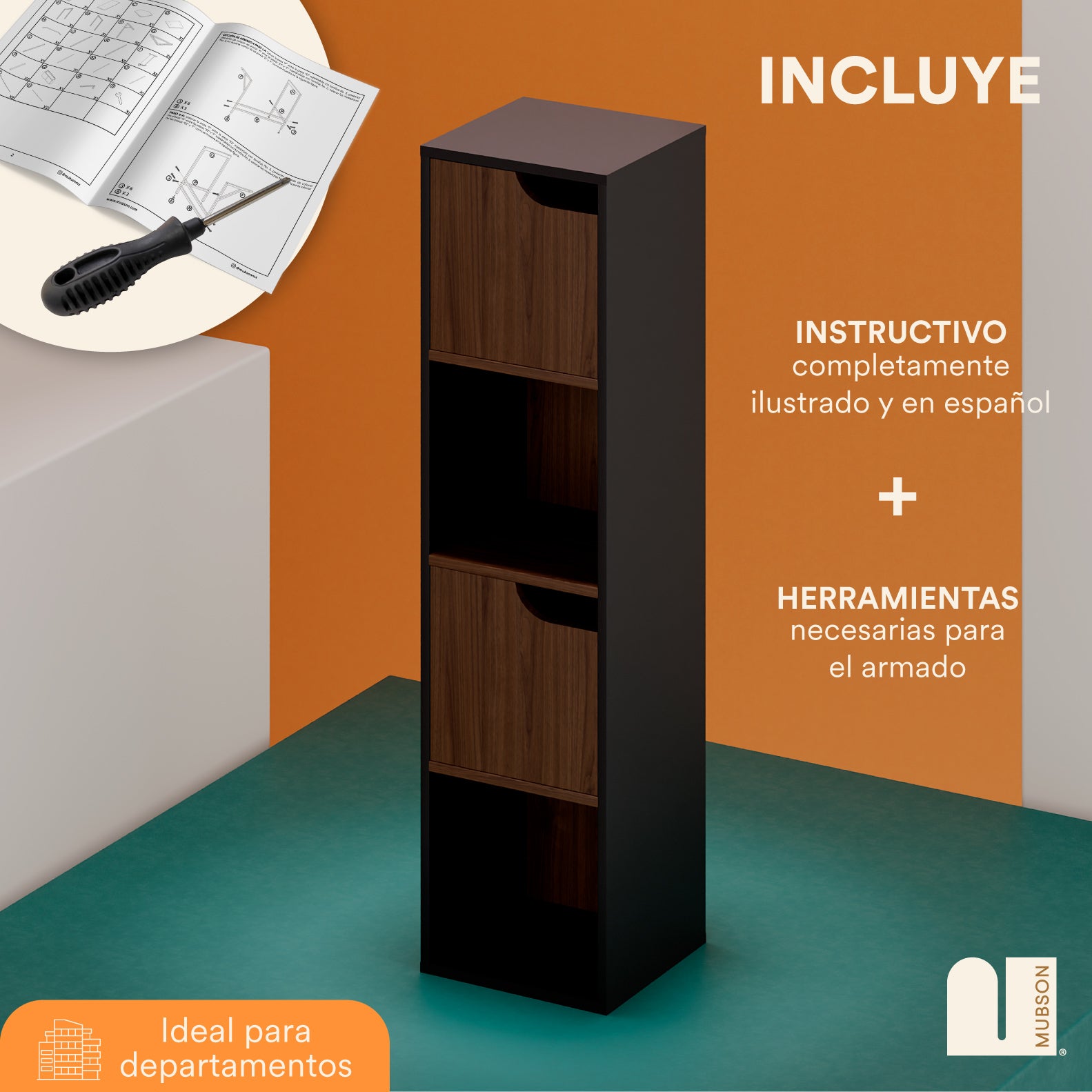 Librero Pequeño Minimalista. Librero con Puertas de 4 Repisas Odesa