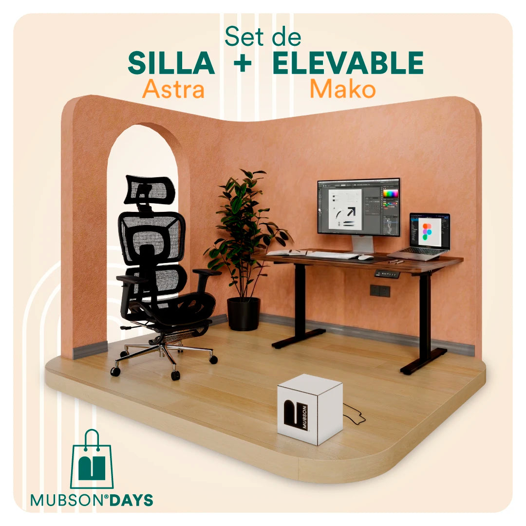 Set Up para Estudio - Escritorio Elevable Mako + Silla Ergonómica Astra