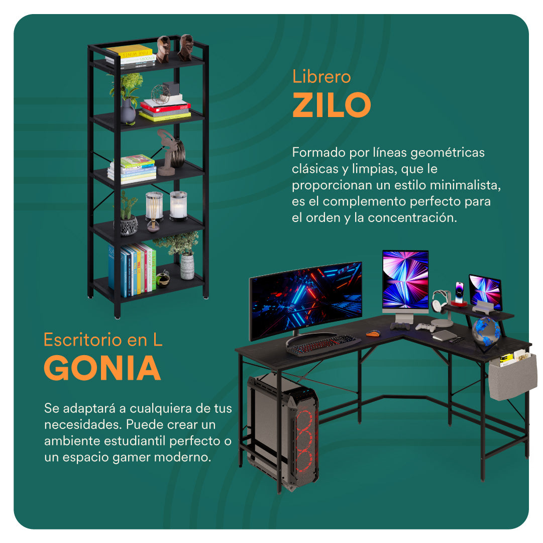 Escritorio en L + Librero Zilo (Set Up para Estudiantes)