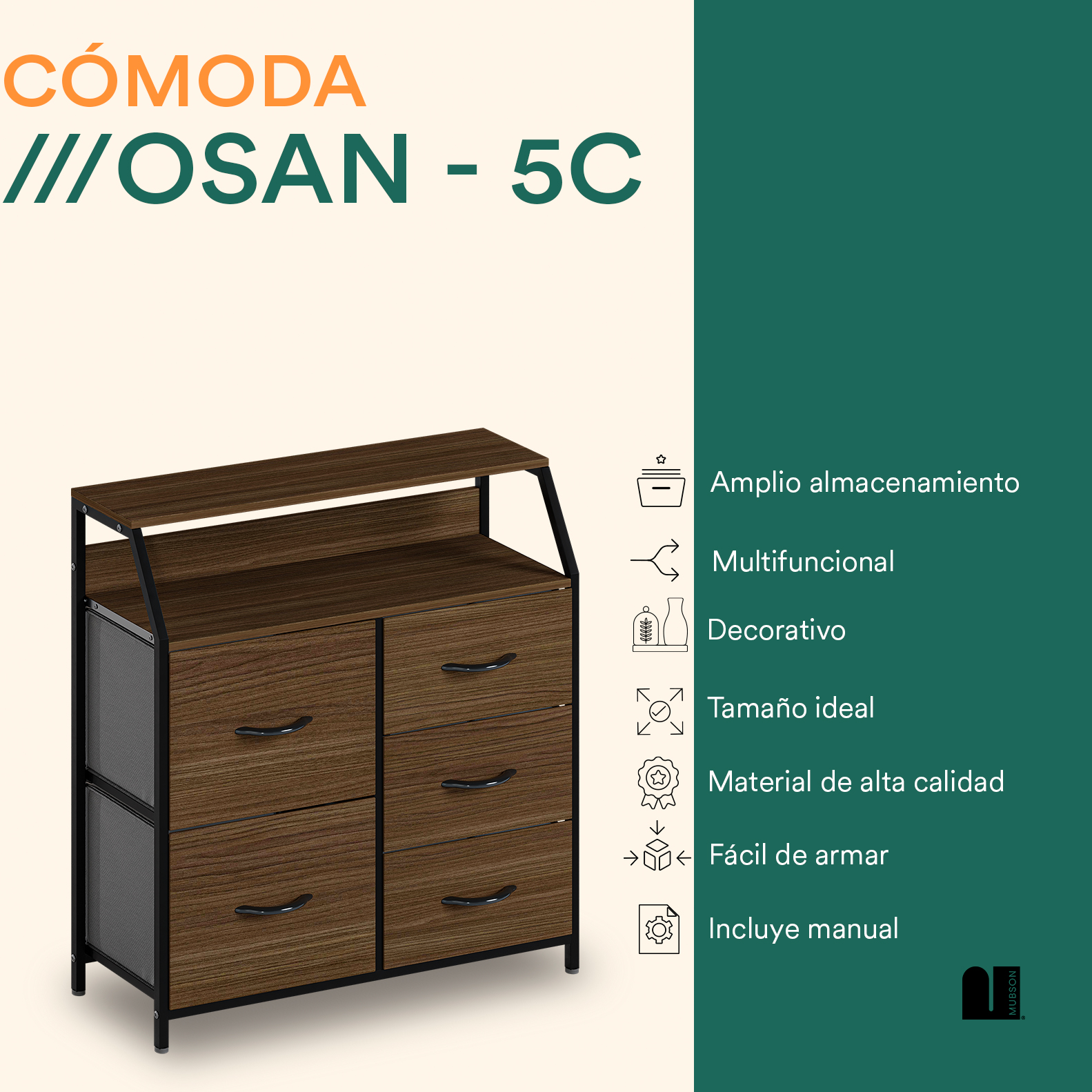 Mubson Comoda con 5 Cajones y doble Repisa. Cajonera Osan