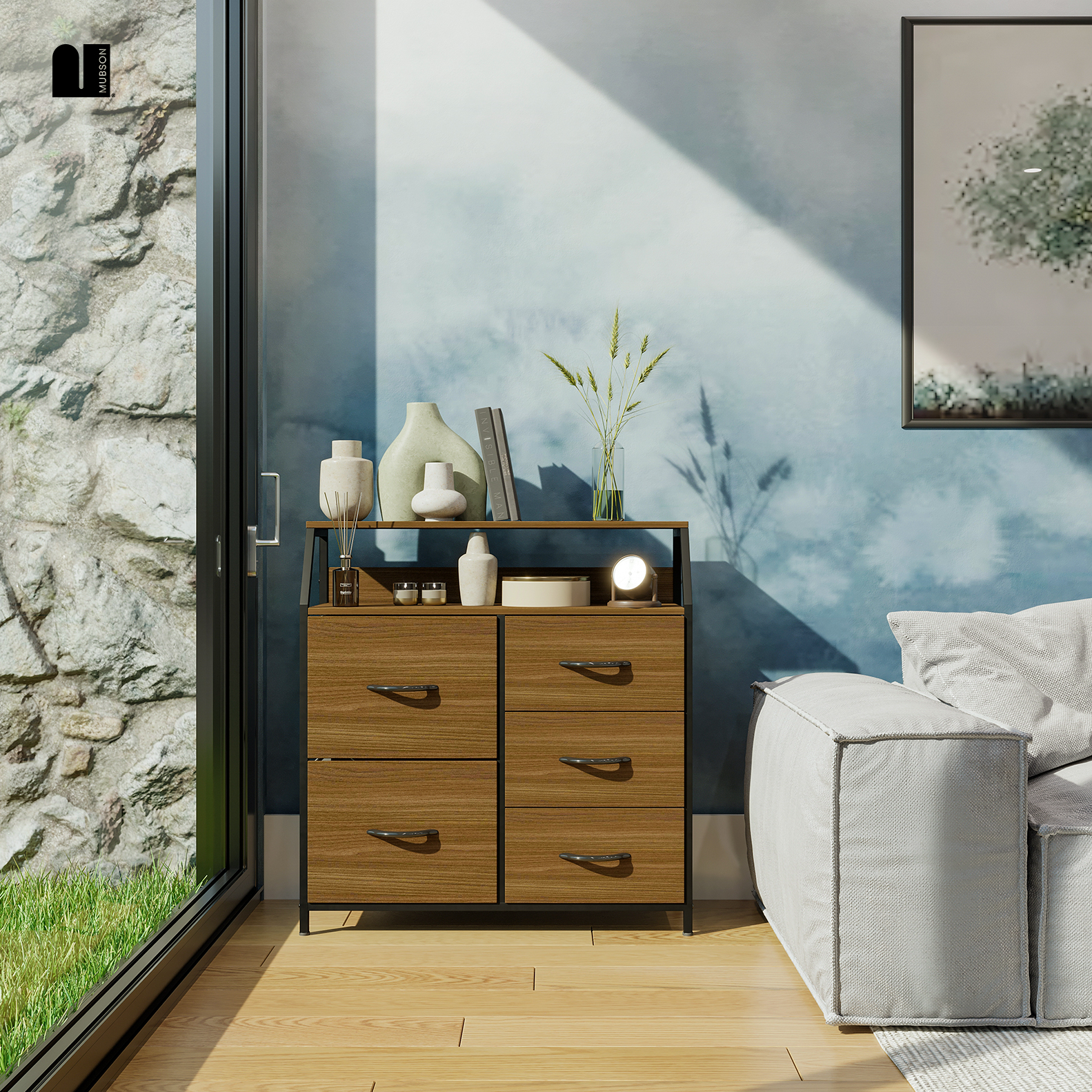 Mubson Comoda con 5 Cajones y doble Repisa. Cajonera Osan