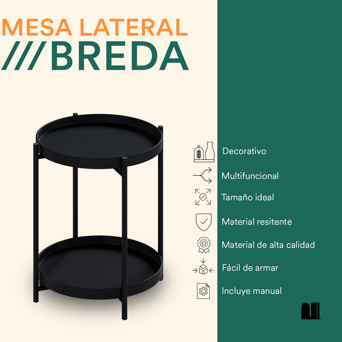 Mubson Mesa Auxiliar de Sala o Recamara Mesa Lateral Breda